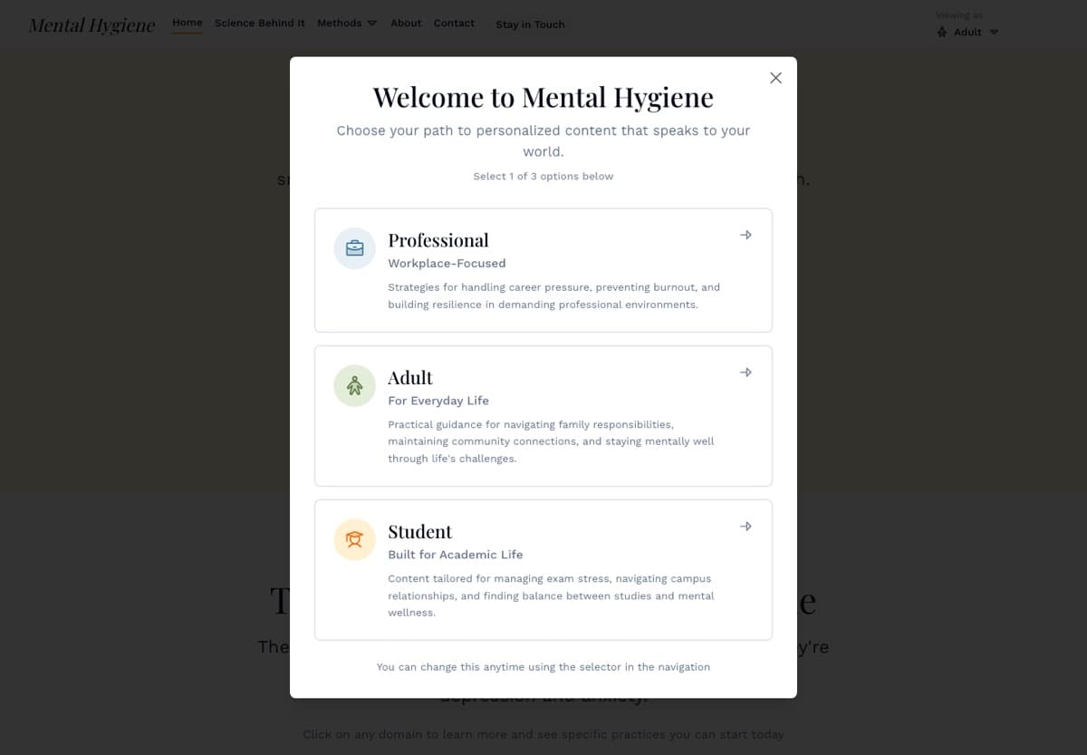 Screenshot of the Mental Hygiene welcome dialog offering three paths, professional, adult, and student, each with a short description.