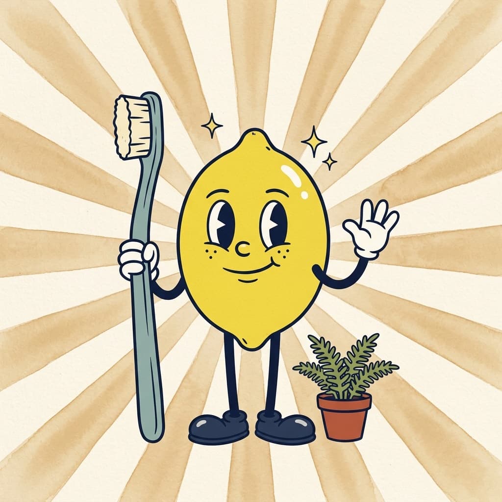 Painted cartoon lemon waving and holding a toothbrush as tall as he is, a small potted fern at his feet and sparkles around his head, in front of a warm sunburst.