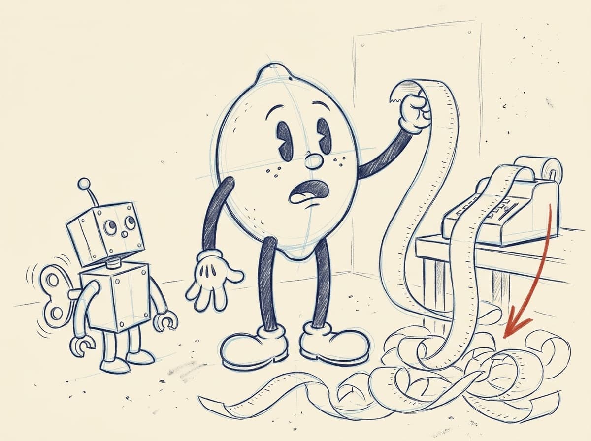 Pencil storyboard rough of the lemon holding up the endless receipt beside the tin robot, the first sketch of scene one.