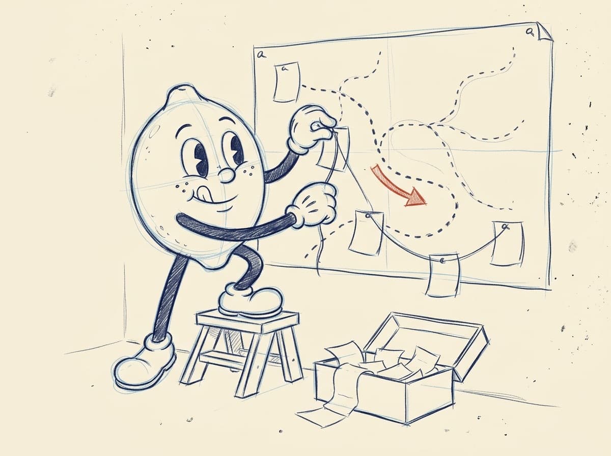 Pencil storyboard rough of the lemon pinning receipts along the dotted trail on the wall map, the first sketch of scene two.