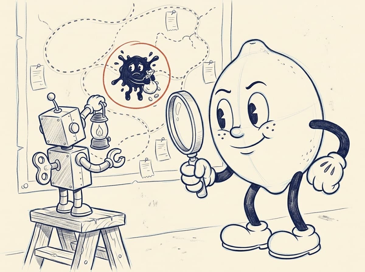 Cleaner pencil drawing of the tin robot lighting up the ink-blot gremlin on the map, circled in red pencil, while the lemon holds a magnifying glass.