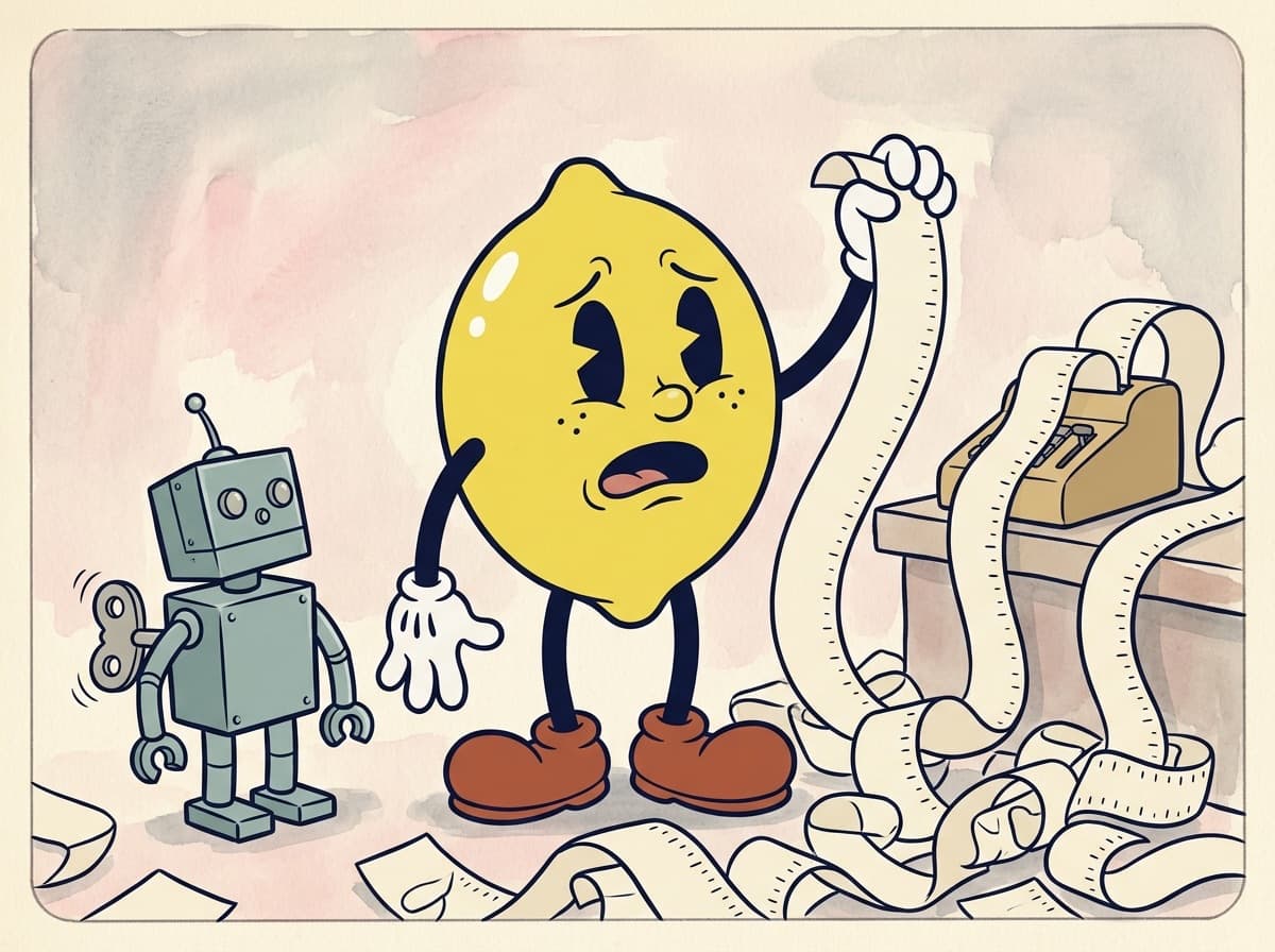 Painted cartoon frame of a shocked lemon holding up an endless paper receipt that pours from an adding machine and piles on the floor, while a small tin robot looks up at him.