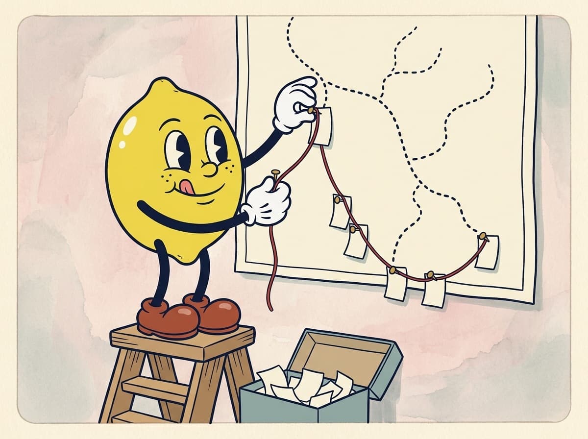 Painted cartoon frame of the lemon on a step stool, tongue out, pinning small receipts along a dotted trail on a wall map and linking them with red string.