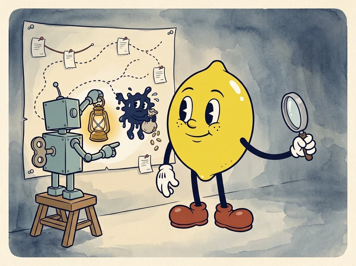 Painted cartoon frame of the tin robot holding a lantern up to a wall map, catching a small ink-blot gremlin with a sack of coins, while the lemon looks on with a magnifying glass.