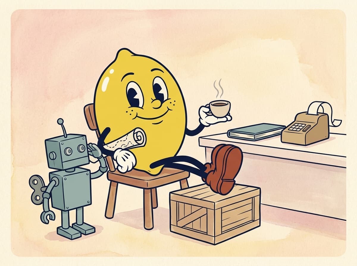 Painted cartoon frame of the lemon relaxing with coffee, feet up on a crate and the rolled map under his arm, beside a closed ledger and a quiet adding machine, while the tin robot salutes.