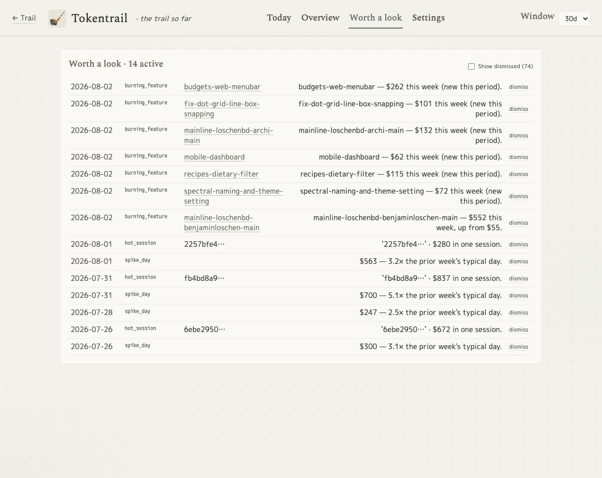Screenshot of the Tokentrail worth a look list flagging burning features, hot sessions, and spike days with their dollar amounts.