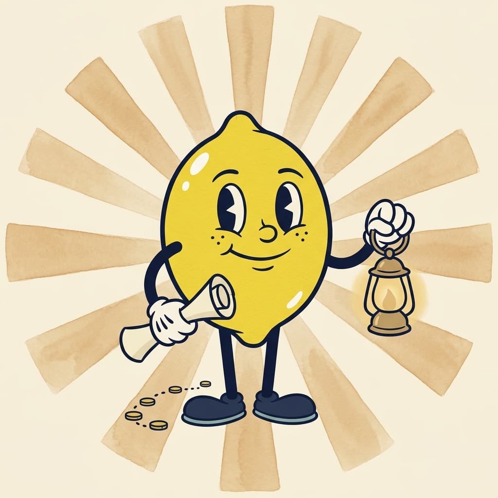 Painted cartoon lemon holding a rolled map under one arm and a glowing brass lantern in the other hand, a trail of coins at his feet, in front of a warm sunburst.